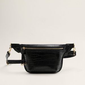 MANGO Croc-Effect Zip Detail Belt Bag Black NWT